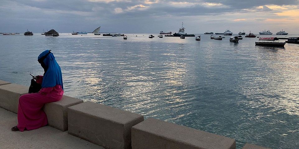 Photo of a woman on her phone, sitting by the shore